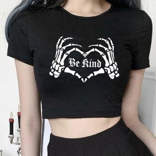 25#Goth Skeleton Print T Shirt Women Sexy Navel Casual Pullover O-Neck Short Sleeve Top Harajuku Summer T-shirt mujer camisetas