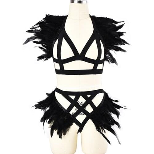 Halloween Exaggeration Feather Cage Harness Bra Goth Festival Rave Wear Feather G-string Briefs Panties Feather Body Harness Set