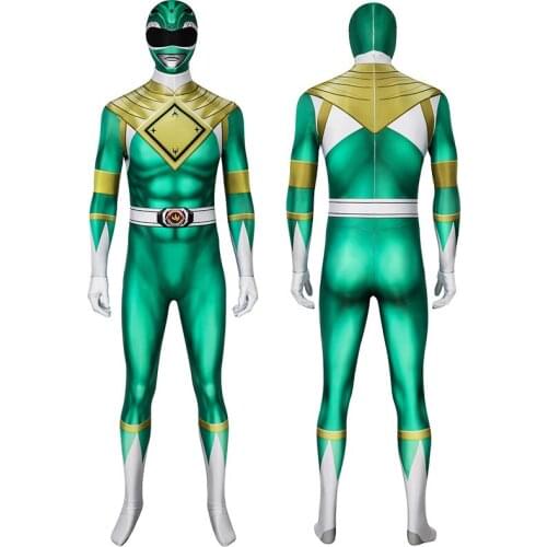 Adult Ranger Superheroes Tommy Green Ranger Jumpsuit Cosplay Costume Halloween Masquerade Bodysuit With Mask