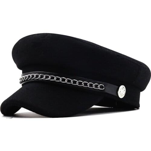 Utumn Winter Chain Black Wool Military Berets for Women Female Flat Army Cap Salior Hat Girl Travel Berets Ladies Painters Cap