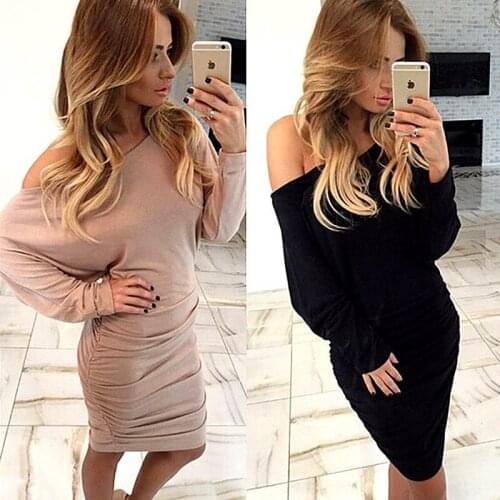 Fashion autumn new women dress batwing sleeve casual sexy dresses off shoulder solid fold package hip European slim dress,LB2452
