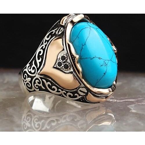 Natural Turquoise Stone Production Dynasty Series 925 Silver Men 'S Ring