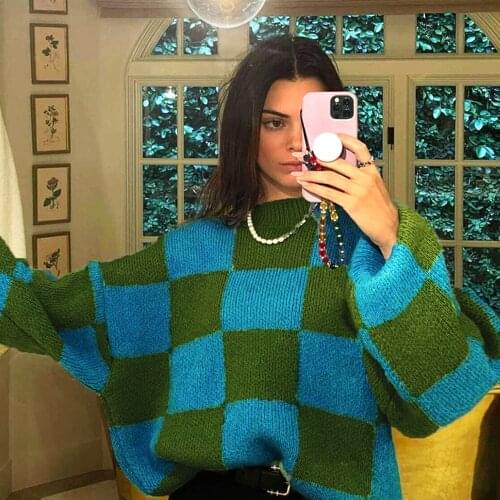 Fall Women Oversized Checkered Sweaters Cashmere Jumper Teen Grils Warm Knitted Sweater Vintage Patchwork Pullovers Sueter Mujer