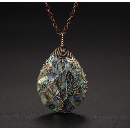 Natural Handmade Copper Wire Winding Tree of Life Abalone Colour Shell Water Drop Pendant Fashion Jewelry for Womens Necklace