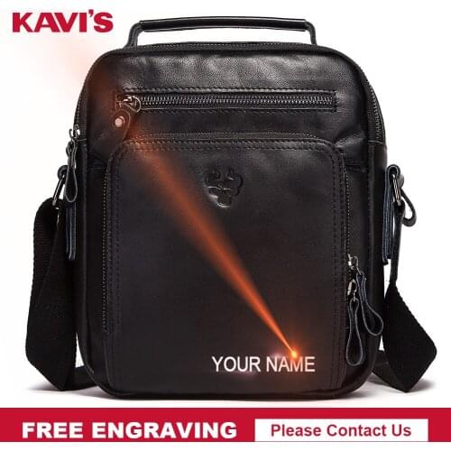 KAVIS Engraving Genuine Leather Casual Shoulder Bag Men Crossbody Messenger Bags Top Quality Black Mens Handbag Bolsos for Male