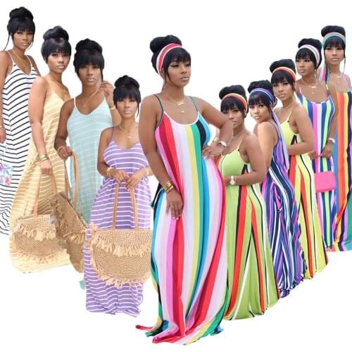 Color Print Casual Stripe Maxi Dress with Headband Spaghetti Strap Floor Loose Straight Mopping Sling Floral Printed Long Dress