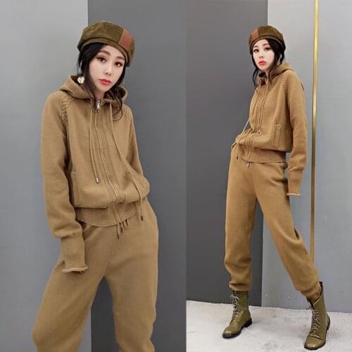 Casual Top Fashion Drawstring Cotton Zipper Knitted Hooded Sweater And Trousers 2-piece Set 2020 New Womens Two-piece Fashion