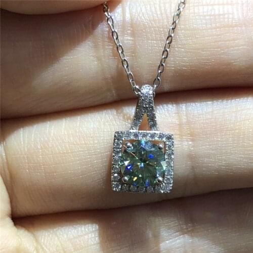 Silver Princess Cut Light Green Diamond Moissanite Pendant Necklace Solid 925 Square Emerald Necklace Chain Female Party Jewelry