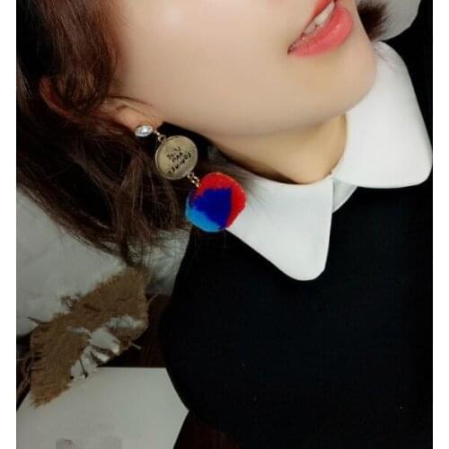 Ex792 Korean version cute candy colored Plush ball pendant alloy Geometric Circle studs earrings 2021 trend Womens Jewelry
