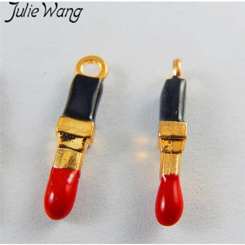 Julie Wang Wholesale 10PCS Enamel Colorful Lipstick Alloy Gold Tone Charms For Neckalce Pendant DIY Jewelry Making Accessory