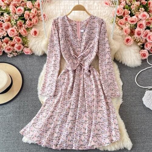 Chiffon V Neck Chiffon Floral Print Dress Female Vintage A Line Zipper Long Sleeve Vestidos High Waist Casual Korean Maxi Robe