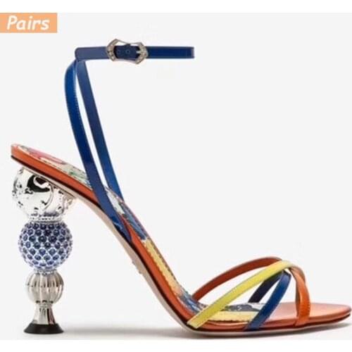 Chic Mix Color Strange Heel Studded Ball Rhinestone Women Shoes Open Toe Sexy Narrow Wrap Sandales Luxury Jewel High Pumps