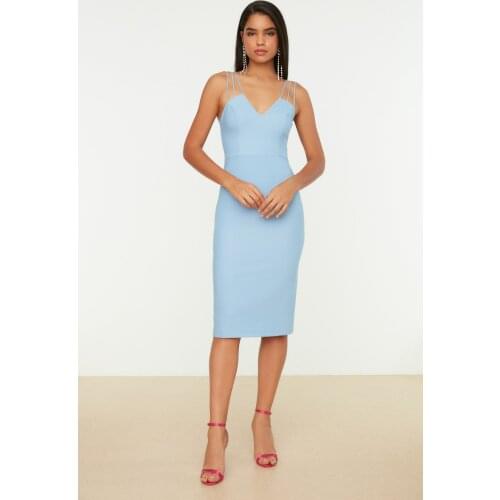 Blue Shoulder Detail Dress TPRSS21EL1092 Midi Bodycon V-Collar Finike Strap Flat