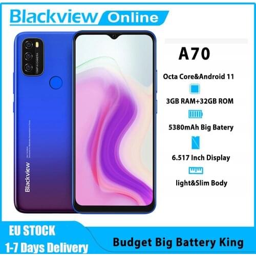 Blackview A70 Android 11 Smartphone 5380mAh Big Battery Octa Core 3GB RAM+32GB ROM 6.517Inch Display 13MP Camera 4G Moible Phone