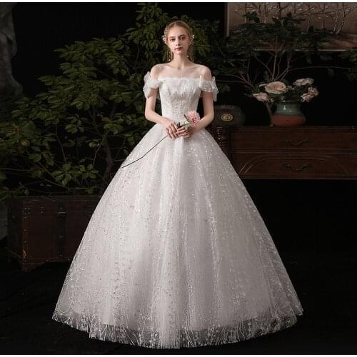 Wedding Dress 2021 New Elegant Boat Neck Ball Gown Princess Luxury Lace Embroidery Bling Bling Wedding Dreses K623