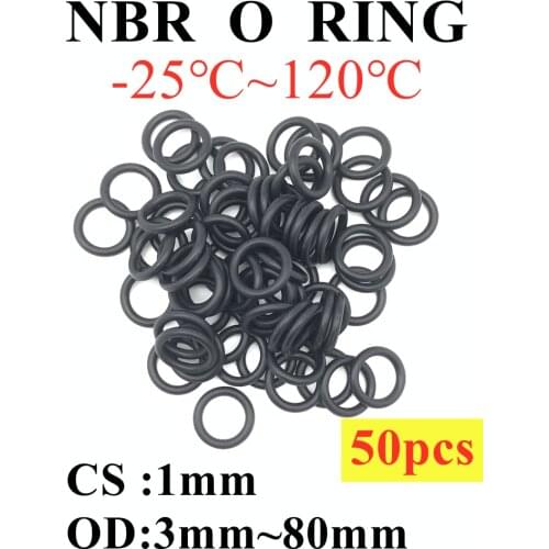 50pc NBR O Ring Seal Gasket Thickness CS 1mm OD 3~80mm Nitrile Butadiene Rubber Spacer Oil Resistance Washer Round Shape Black