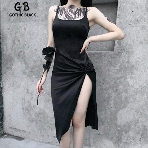 Gothblack Vintage Sexy Slim Sleeveles Ruched Dress Women Gothic Bodycon High Split Dress Female Streetwear Casual Party Dress