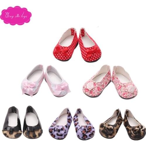 High quality leopard print flats in 6 colors fit 18-inch girl dolls and 43-cm baby dolls shoe accessories s26-s77