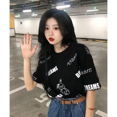 Womens T-shirt Printing Short-sleeved T-shirt Womens Summer 2021 New Bottoming Shirt Korean Loose All-match Top