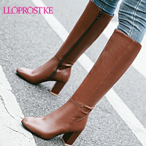 Lloprost ke Large size 34-45 fashion autumn winter boots women square toe zip high heels shoes knee high boots women 2019 new