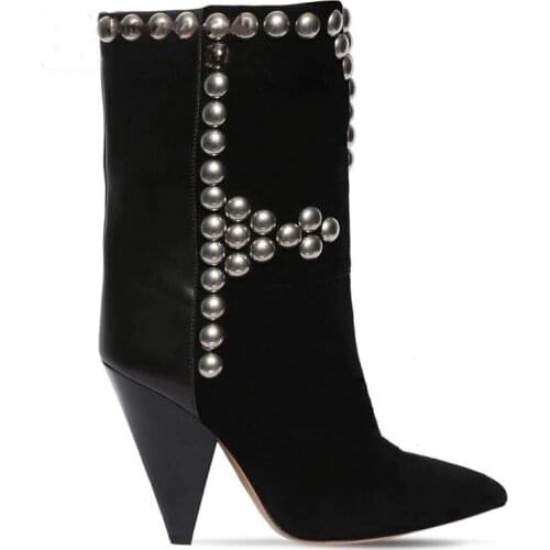 2021 Hot Sale Woman Ankle Boots Spike Heel Rivet Decoration Shoes Pointed Toe Suede Leather Boots Winter Mid-Calf Slip On Boots