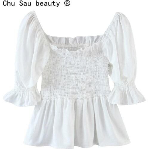 New Fashion Summer Casual Chic White Cotton Crop Tops Street Style Square Collar Ruffles Blouses Female Elastic Bust Top