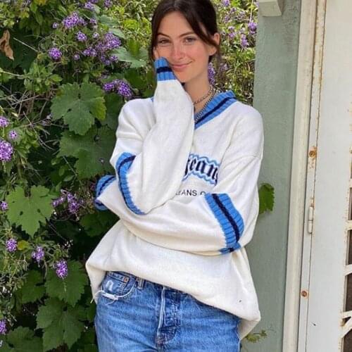 White Chic Striped V-neck Vintage Preppy Style Oversized Sweaters Women Winter Tops Pullovers Long Sleeve Loose Casual New Brand