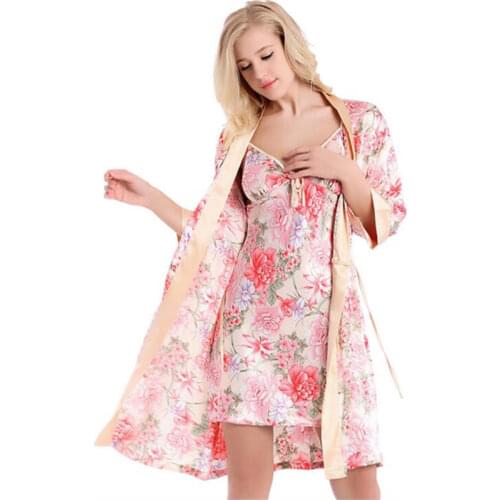 Women Silk Robe Nightgown Set Sexy Silk Peignoir Set Satin Silk Pajamas Half-Sleeved Floral Kimono Robe and Nightgown Set