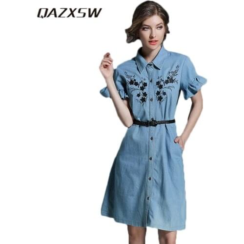 QAZXSW 2018 New Spring Summer Women Denim Dress For Women Printing Casual Jeans Dress Harajuku Shirt Dress Button Vestido HB616