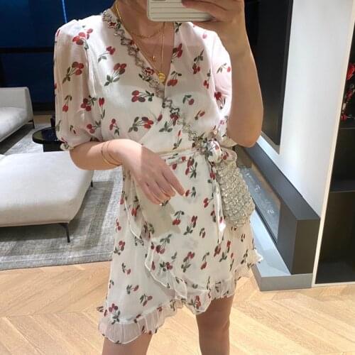 Womens summer dress cherry blossom cherry puff sleeve half sleeve mini party French brand elegant ladies dress