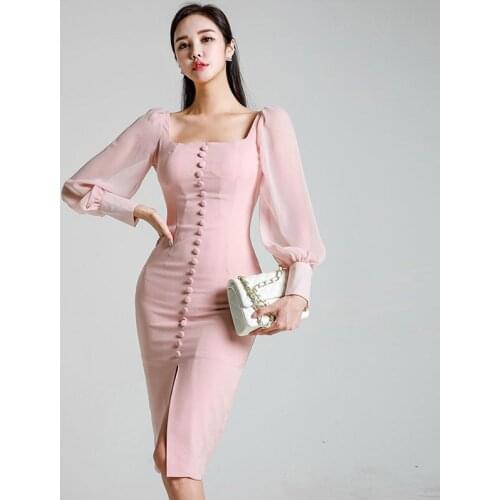 Fashion women pink slim pencil dress new arrival Office Lady sexy puff sleeve elegant square collar solid color formal dress
