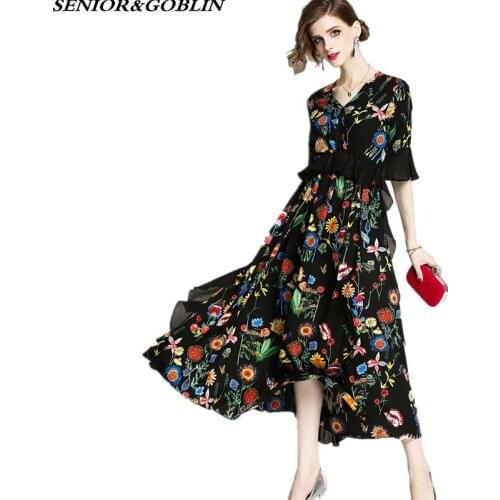 2019 New Plus Size Summer Dress Bohemian Print Beach Dress Women Ruffle Sleeve V Neck Chiffon Long Dresses