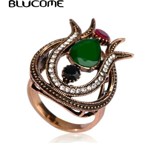 Blucome 2018 New Vintage Women Rings Antique Gold-color Water Drop Resin Lily Flower Ring Brand Turkish Party Jewelry Red Anel