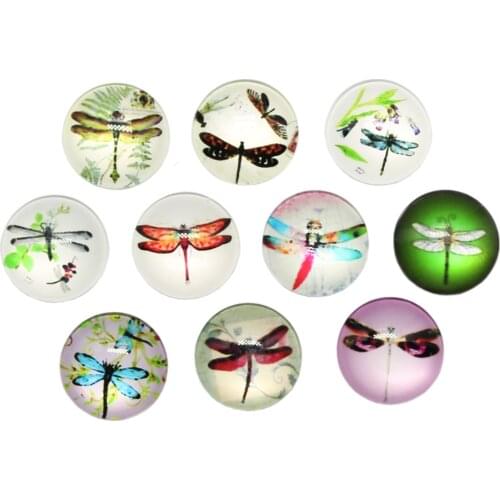 10pcs/lot New Fashion 25mm Round Mixed Dragonfly DIY Glass Cabochon Mixed Patterns Fit Cameo Base Setting