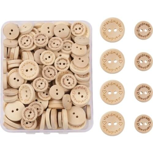 150Pcs 15mm+20mm Carving Handmade with Love Wood Buttons Flatback 2 Holes Wooden Button Sewing Tools