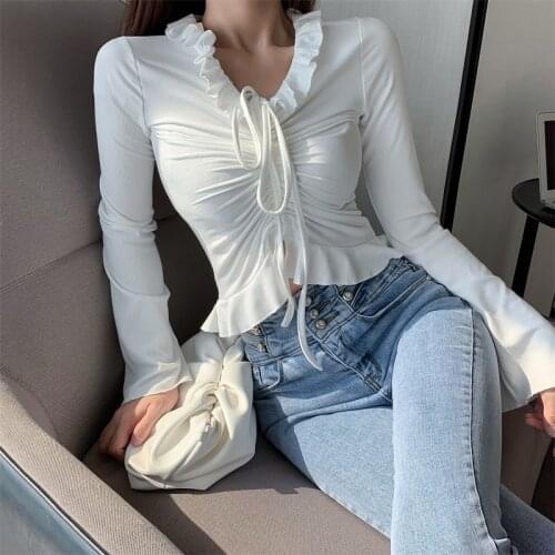 2021 Ruffle Patchwork Up Long Sleeve Crop Top Women Ribbed Sexy Party Knitwear T-Shirt Hollow Out Bodycon Club Tie Front Tops