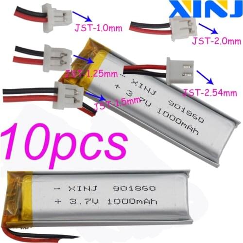 XINJ 10pcs 3.7V 1000mAh Li Polymer Battery 2p 1.0/1.25/1.5/2.0/2.54mm plug For Camera Car navigation GPS bluetooth phone 901860