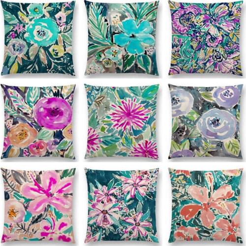 Watercolor Flowers Hibiscus Flourish Coral Floral Gardens Delight Prints Colorful Cushion Cover Decor Sofa Throw Pillow Case