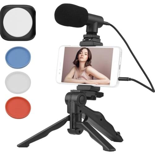 Andoer F4 Desktop Phone Vlog Kit Smartphone Video Kit with Mini Tripod Phone Holder Condenser Microphone LED Fill Light 5500K