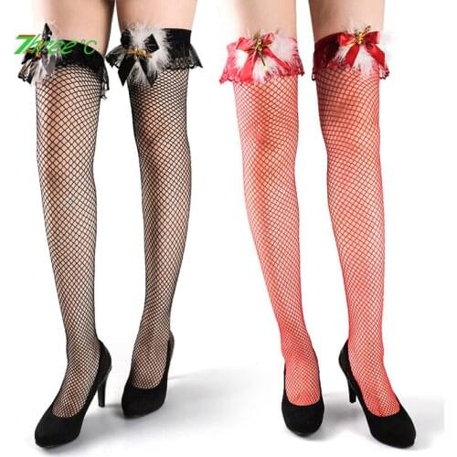 Black Lace Women Sexy Stocking Sheer Thigh Silk Stockings botas cano longo femininas Christmas Bow Decoration Fish Net Stocking