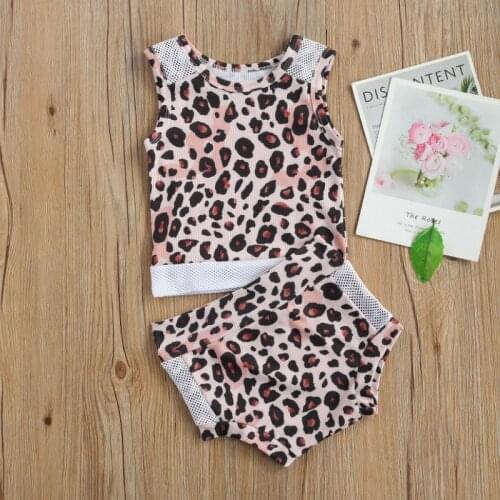 2Pcs Kids Summer Tracksuit, Leopard Print O-Neck Sleeveless Mesh Tank Tops + Elastic Waist Shorts for Girls 2021