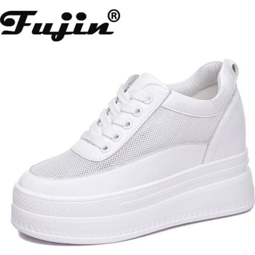 Fujin 9cm platform heel wedge shoes sneakers pumps white platform air mesh hollow pumps shoes summer women zapatos de mujer