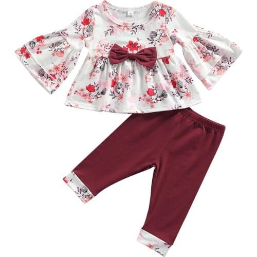 2021 Cute Newborn Baby Girl Flare Sleeve Bow Floral T-shirt Tops Long Pant Trouser 2PCS Autumn Clothes Set
