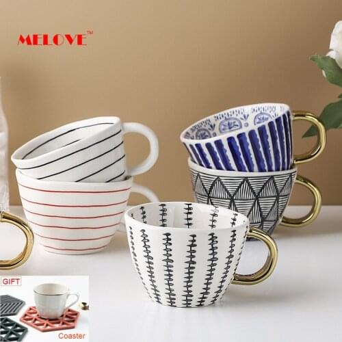 Nordic Geometric Ceramic Mugs With Gold Handle Coffee Cups Handmade Irregular Breakfast Drinking Milk Water Mugs Gift Tableware