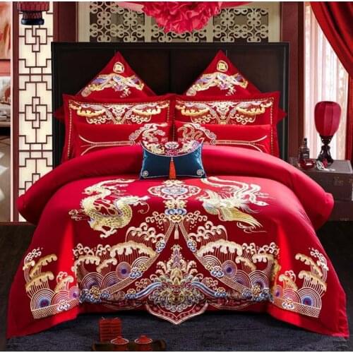 Luxury Dragon Phoenix Embroidery Red Chinese Style Wedding 100% Cotton 4/6Pc Bedding Set Duvet Cover Bed sheet/Linen Pillowcases