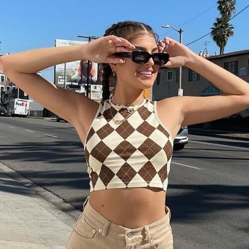 Y2K Streetwear Brown Argyle Print Baby Tanks Indie Aesthetics O-neck Sleeveless Summer Crop Tops 2000s Vintage Cute Vests 2021