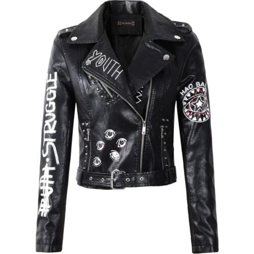2021 Women Retrieve Winter Faux Soft Leather Jackets Lady White Black Pu Clinker Rits Epaulet 3D Print Motorcycle Streetwear
