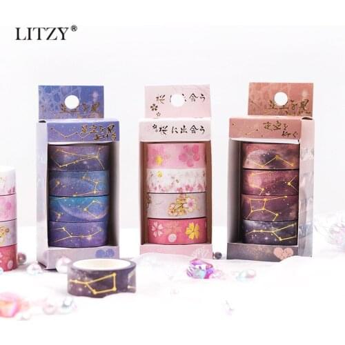 LITZY 4pcs Bronzing Washi Tape Set Kawaii Sakura Flower Galaxy Gold Adhesive Masking Tapes Basis Journal DIY Stickers Stationery