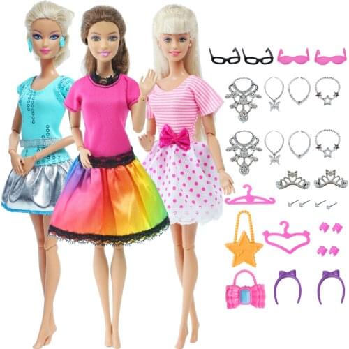 27 Pcs Fashion Doll Dress 3x Mini Skirt + Random 24x Doll Accessories Necklace Handbag Hangers Clothes for Barbie Doll Kids Toy