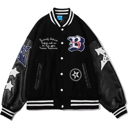 Hip Hop Baseball Jacket Coat Men Letter B Embroidery Leather Sleeve Varsity Bomber Biker Punk Vintage Fashion College Jacket